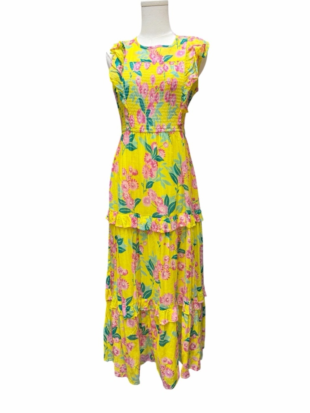 B-6 Banjanan Iris Floral Ruffle Maxi Dress in the color Aurora Yellow